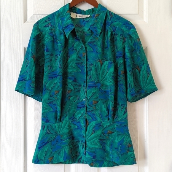 Leslie Fay 80's Vintage Banana Leaf Silky Short Sleeve Button Down Peplum Blouse - Picture 1 of 11